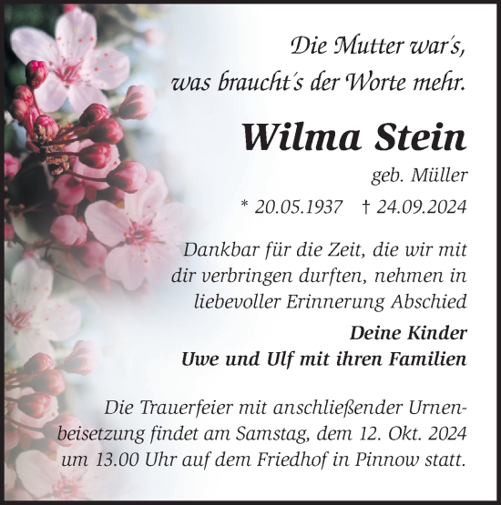 Traueranzeige von Wilma Stein von Märkische Oderzeitung