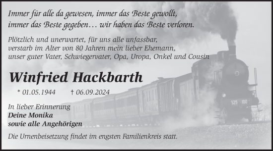 Traueranzeige von Winfried Hackbarth von Märkische Oderzeitung