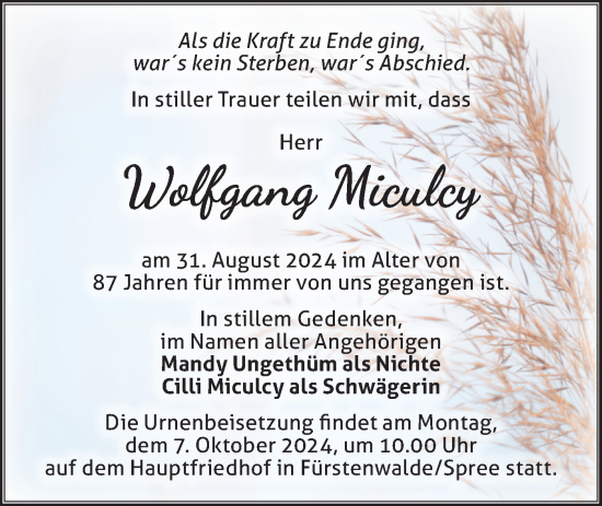 Traueranzeige von Wolfgang Miculcy von Märkische Oderzeitung