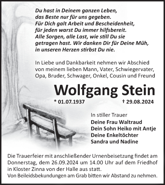 Traueranzeige von Wolfgang Stein von Märkische Oderzeitung