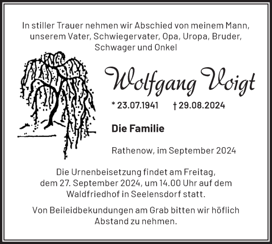 Traueranzeige von Wolfgang Voigt von Märkische Oderzeitung