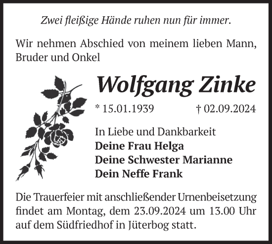 Traueranzeige von Wolfgang Zinke von Märkische Oderzeitung