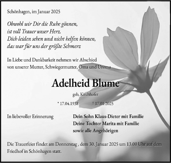 Traueranzeige von Adelheid Blume von Märkische Oderzeitung