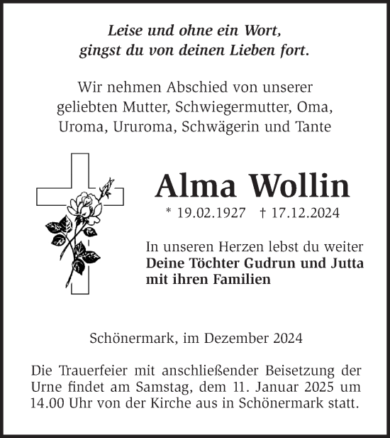 Traueranzeige von Alma Wollin von Märkische Oderzeitung