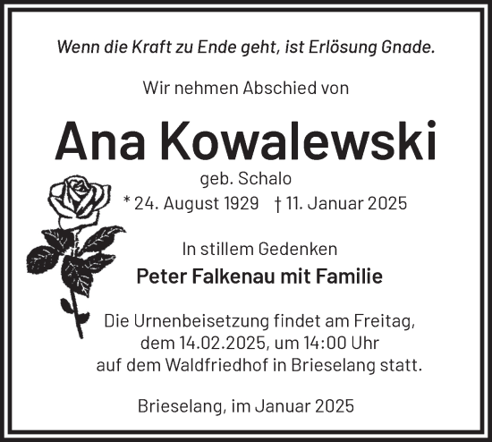 Traueranzeige von Ana Kowalewski von Märkische Oderzeitung