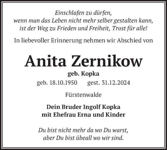 Traueranzeige von Anita Zernikow von Märkische Oderzeitung