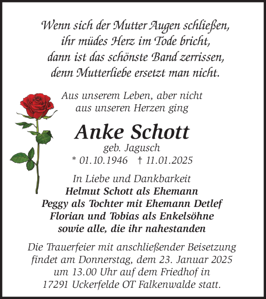 Traueranzeige von Anke Schott von Märkische Oderzeitung