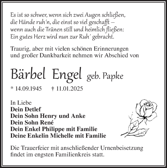 Traueranzeige von Bärbel Engel von Märkische Oderzeitung