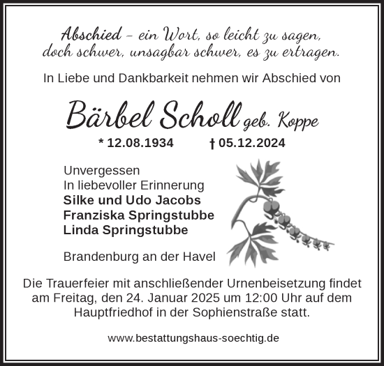 Traueranzeige von Bärbel Scholl von Märkische Oderzeitung