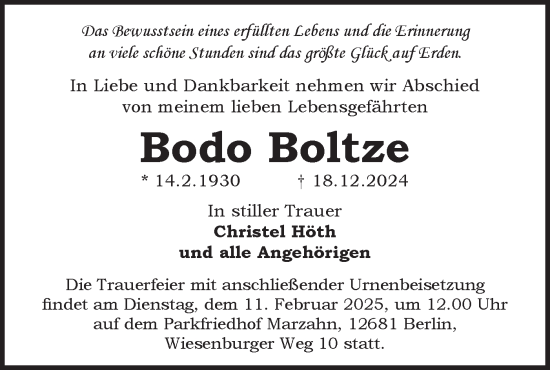 Traueranzeige von Bodo Boltze von Märkische Oderzeitung