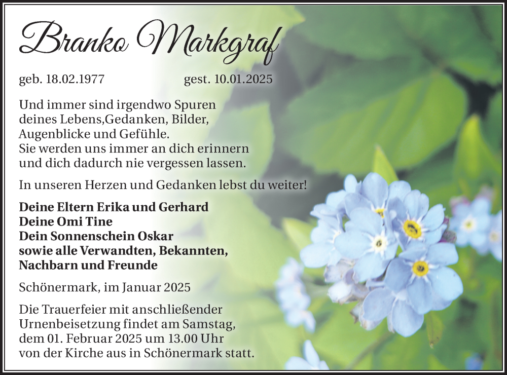  Traueranzeige für Branko Markgraf vom 25.01.2025 aus Märkische Oderzeitung