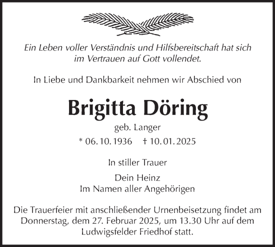 Traueranzeige von Brigitta Döring von Märkische Oderzeitung