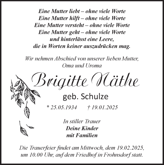 Traueranzeige von Brigitte Näthe von Märkische Oderzeitung