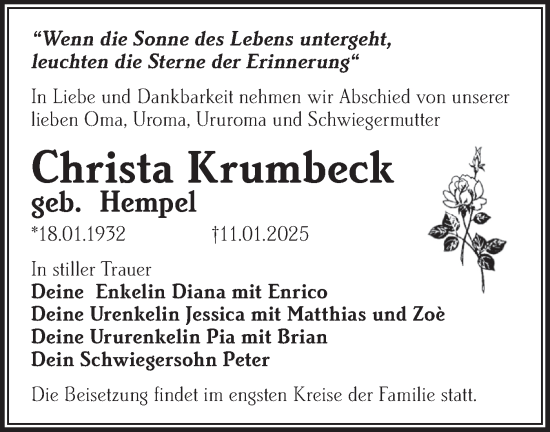 Traueranzeige von Christa Krumbeck von Märkische Oderzeitung