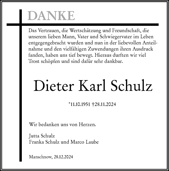 Traueranzeige von Dieter Karl Schulz von Märkische Oderzeitung