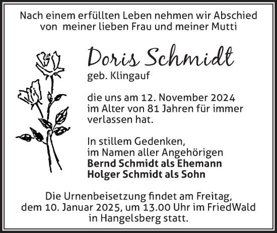 Traueranzeige von Doris Schmidt von Märkische Oderzeitung