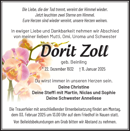 Traueranzeige von Dorit Zoll von Märkische Oderzeitung