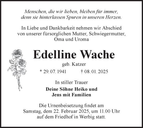 Traueranzeige von Edelline Wache von Märkische Oderzeitung