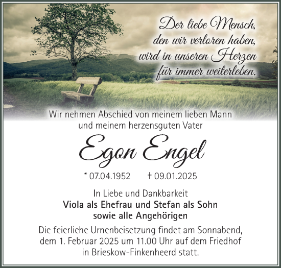 Traueranzeige von Egon Engel von Märkische Oderzeitung