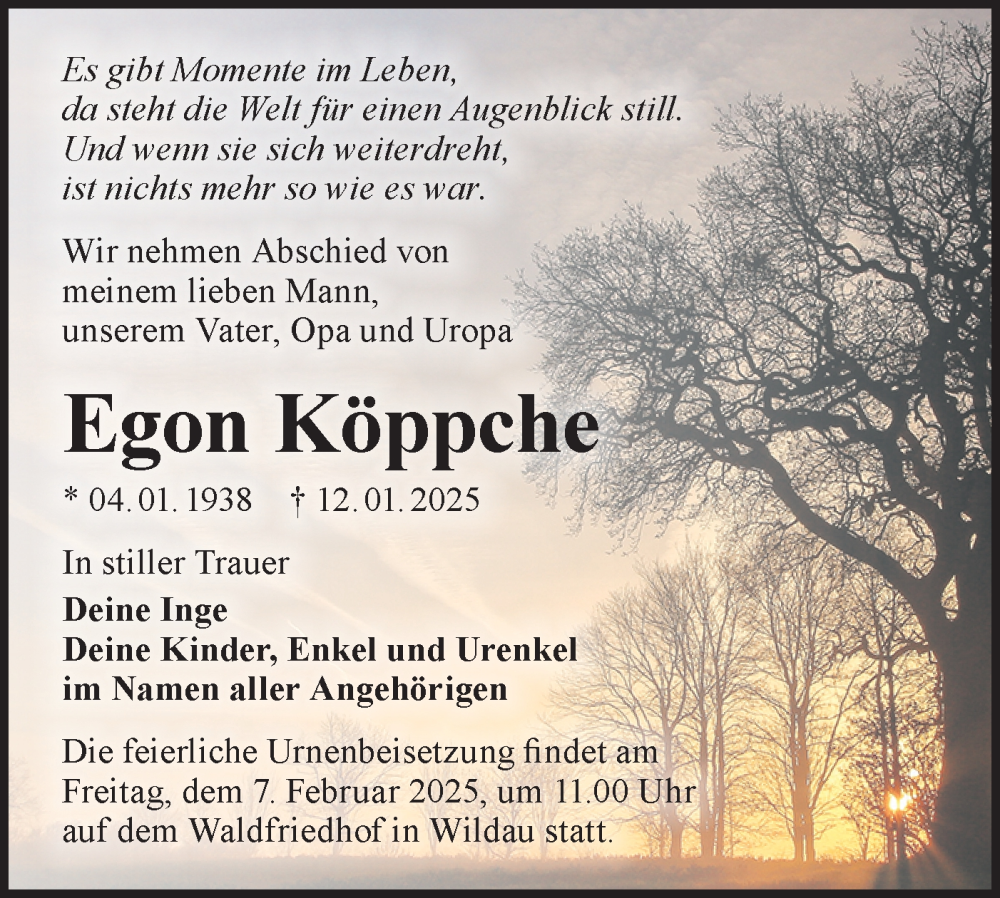  Traueranzeige für Egon Köppche vom 18.01.2025 aus Märkische Oderzeitung
