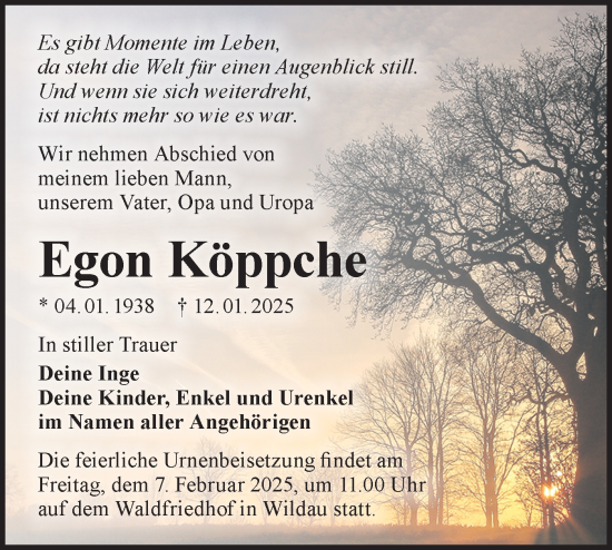 Traueranzeige von Egon Köppche von Märkische Oderzeitung