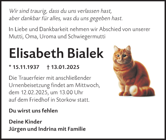 Traueranzeige von Elisabeth Bialek von Märkische Oderzeitung