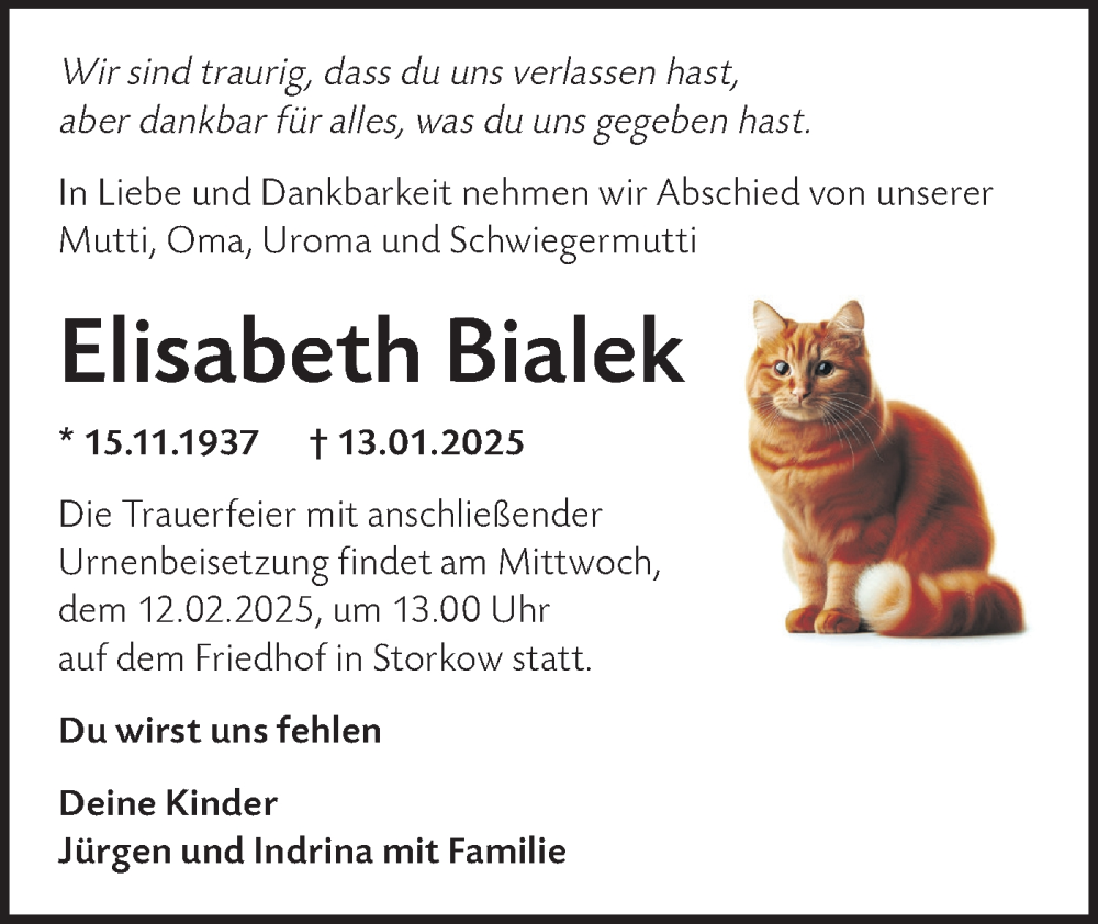  Traueranzeige für Elisabeth Bialek vom 25.01.2025 aus Märkische Oderzeitung