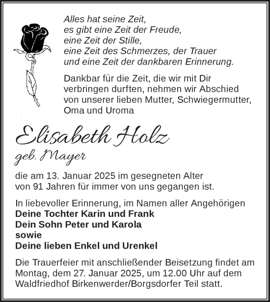 Traueranzeige von Elisabeth Holz von Märkische Oderzeitung