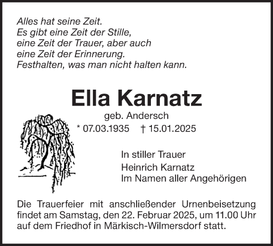 Traueranzeige von Ella Karnatz von Märkische Oderzeitung