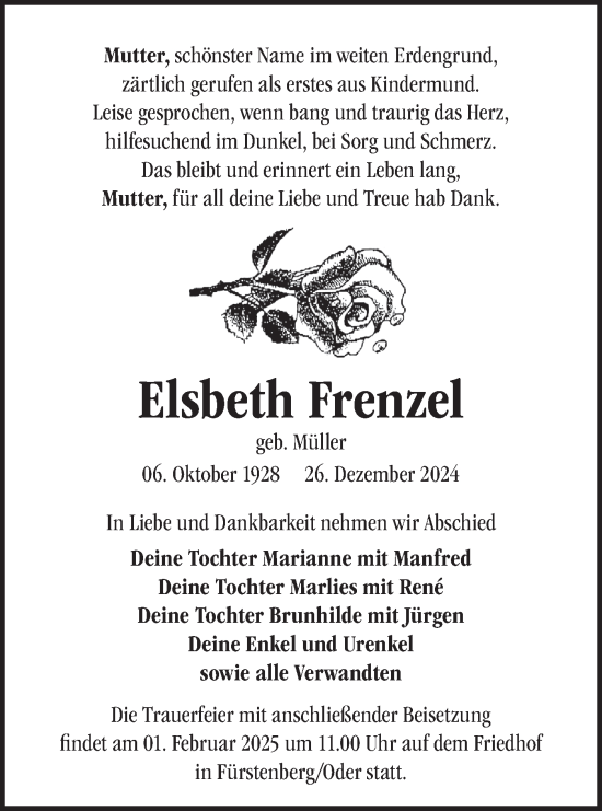 Traueranzeige von Elsbeth Frenzel von Märkische Oderzeitung