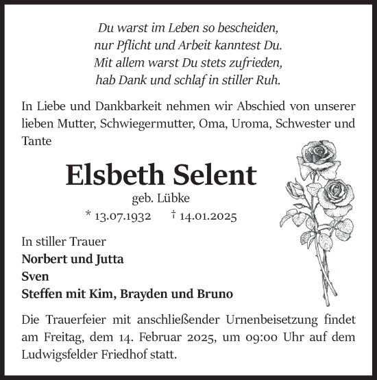 Traueranzeige von Elsbeth Selent von Märkische Oderzeitung