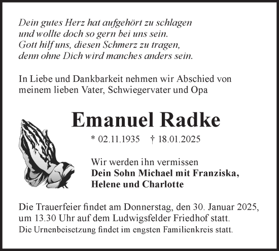 Traueranzeige von Emanuel Radke von Märkische Oderzeitung