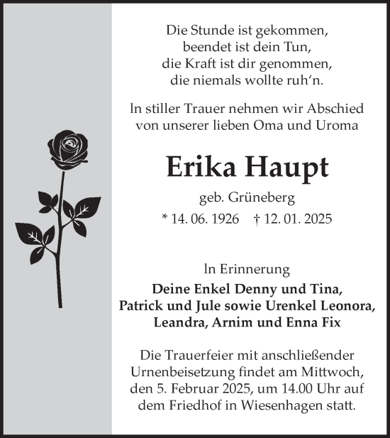 Traueranzeige von Erika Haupt von Märkische Oderzeitung