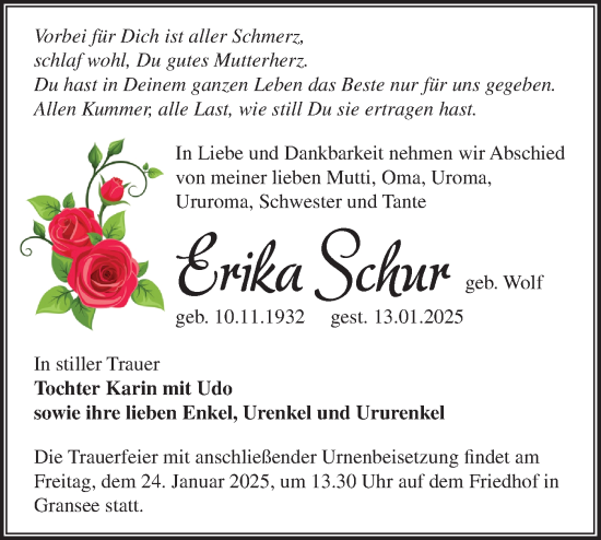 Traueranzeige von Erika Schur von Märkische Oderzeitung