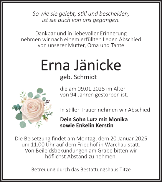 Traueranzeige von Erna Jänicke von Märkische Oderzeitung