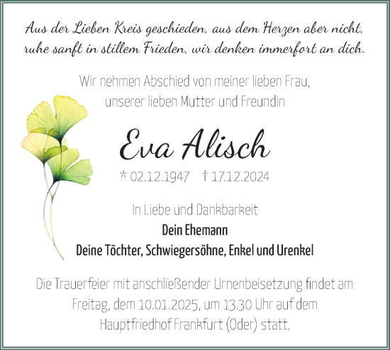 Traueranzeige von Eva Alisch von Märkische Oderzeitung