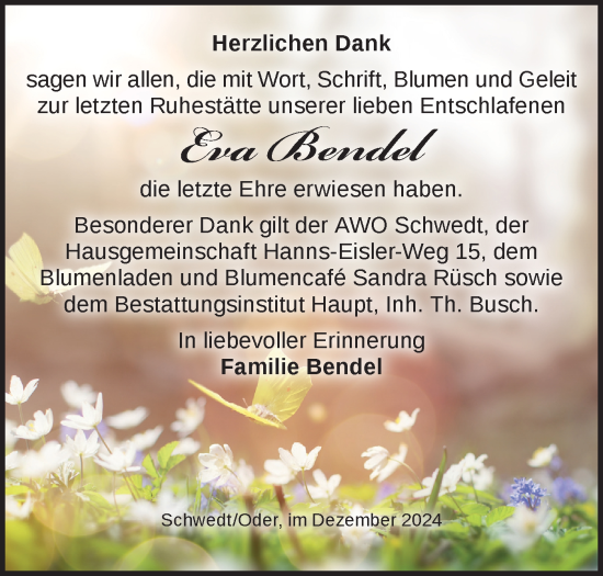 Traueranzeige von Eva Bendel von Märkische Oderzeitung