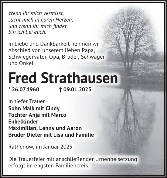 Traueranzeige von Fred Strathausen von Märkische Oderzeitung