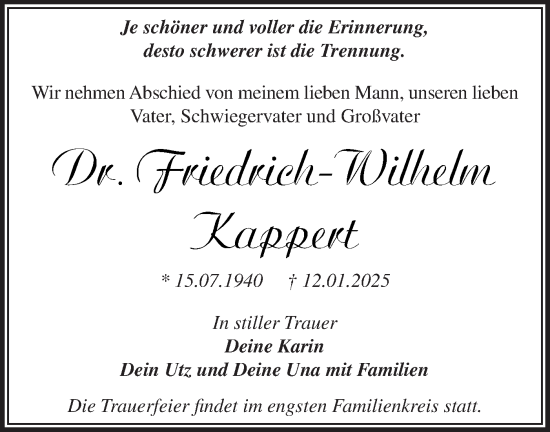 Traueranzeige von Friedrich-Wilhelm Kappert von Märkische Oderzeitung