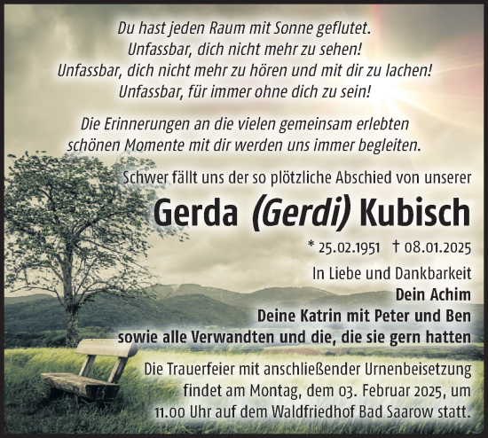 Traueranzeige von Gerda Kubisch von Märkische Oderzeitung