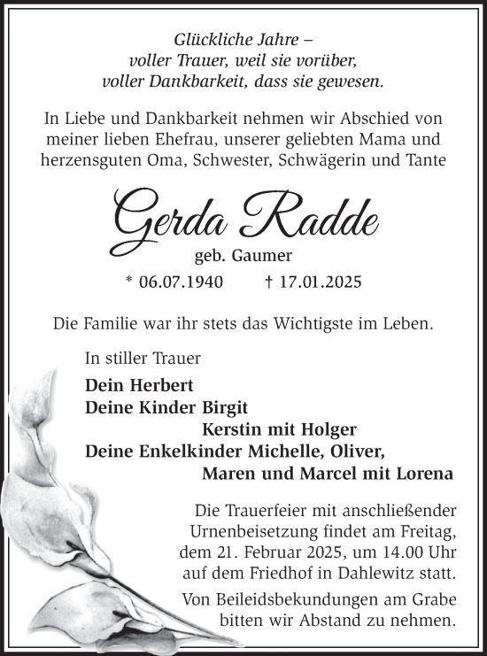 Traueranzeige von Gerda Radde von Märkische Oderzeitung