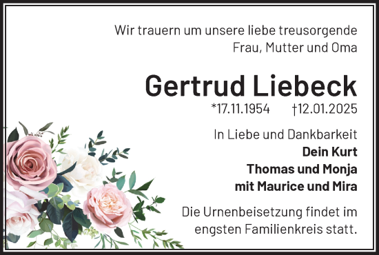 Traueranzeige von Gertrud Liebeck von Märkische Oderzeitung