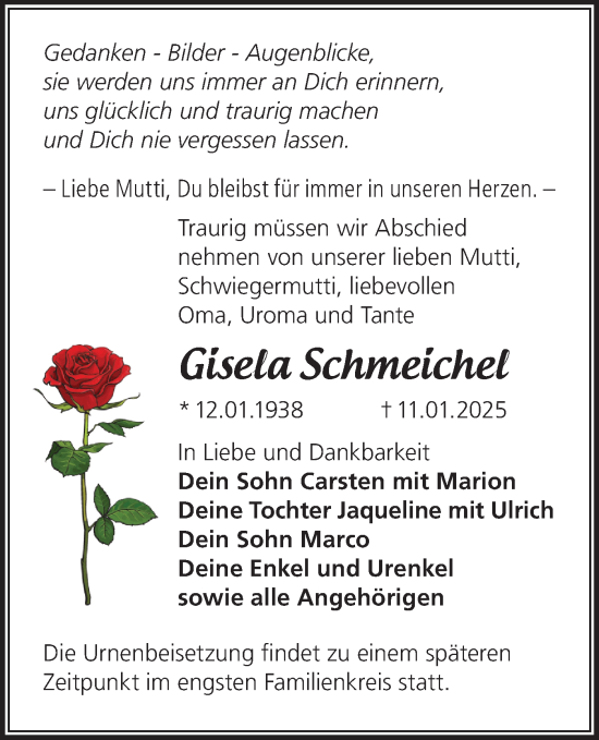 Traueranzeige von Gisela Schmeichel von Märkische Oderzeitung