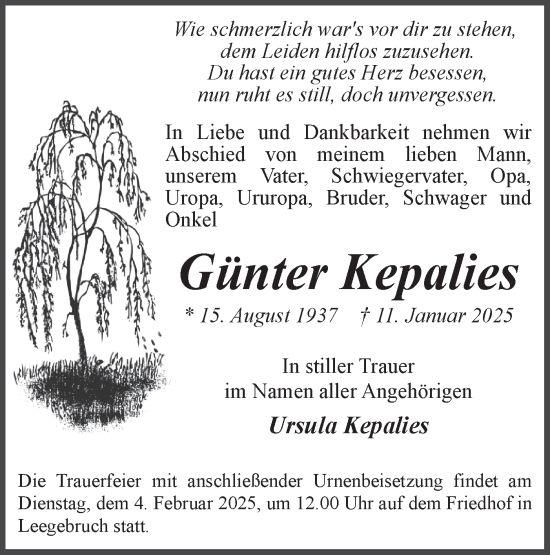 Traueranzeige von Günter Kepalies von Märkische Oderzeitung