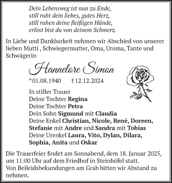 Traueranzeige von Hannelore Simon von Märkische Oderzeitung