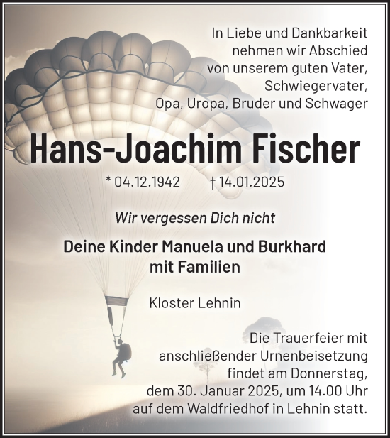 Traueranzeige von Hans-Joachim Fischer von Märkische Oderzeitung