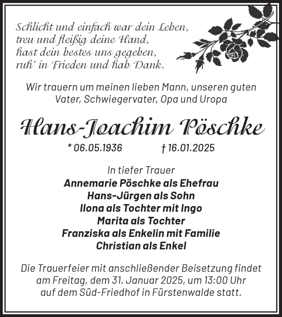 Traueranzeige von Hans-Joachim Pöschke von Märkische Oderzeitung