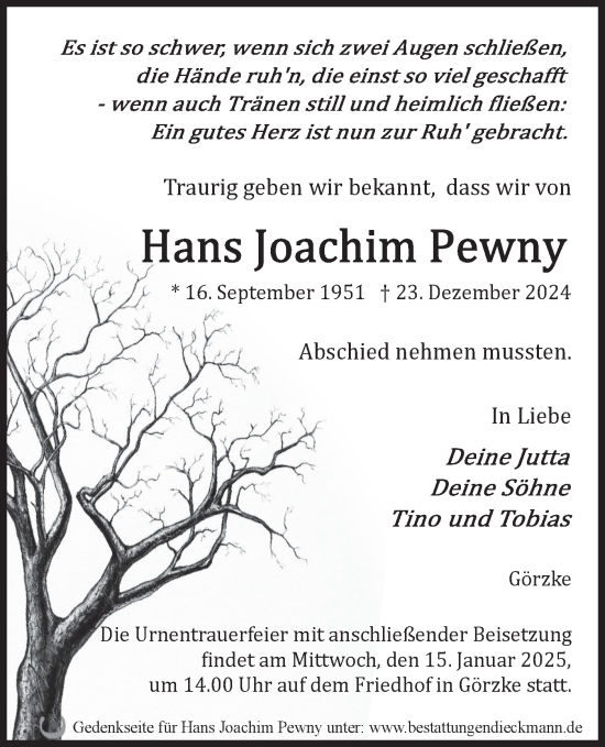 Traueranzeige von Hans Joachim Pewny von Märkische Oderzeitung