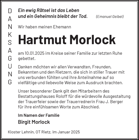 Traueranzeige von Hartmut Morlock von Märkische Oderzeitung