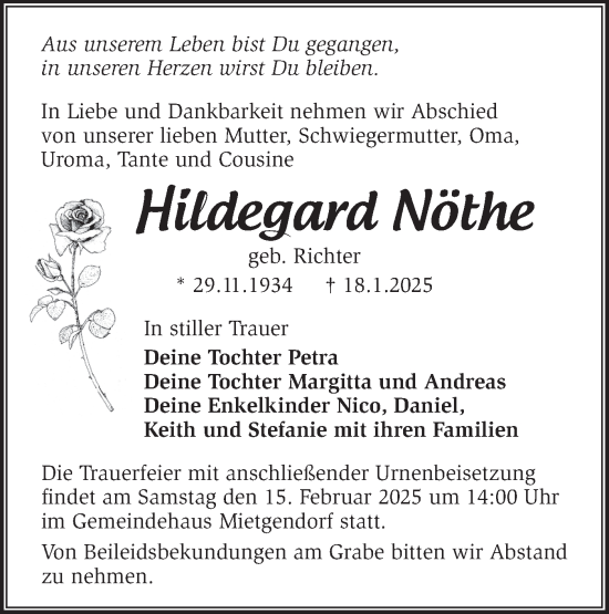 Traueranzeige von Hildegard Nöthe von Märkische Oderzeitung